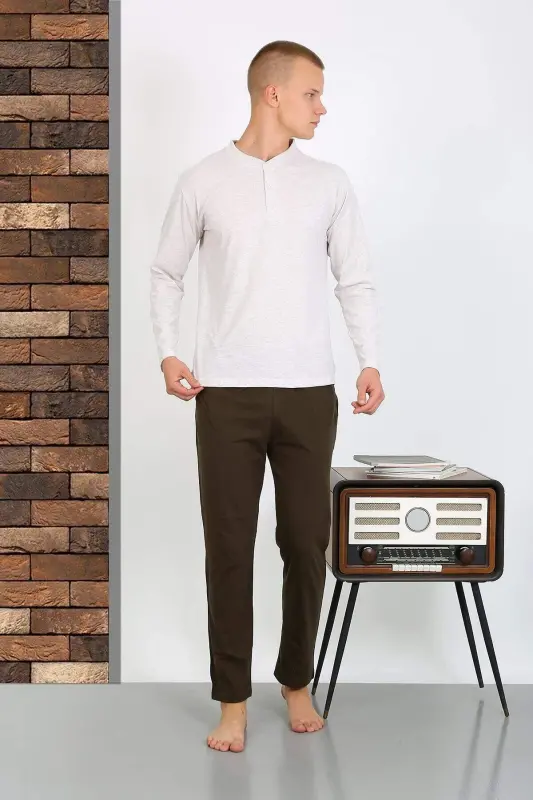 Men's Cotton Long Sleeve Pajama Set 6860 Ecru - 6