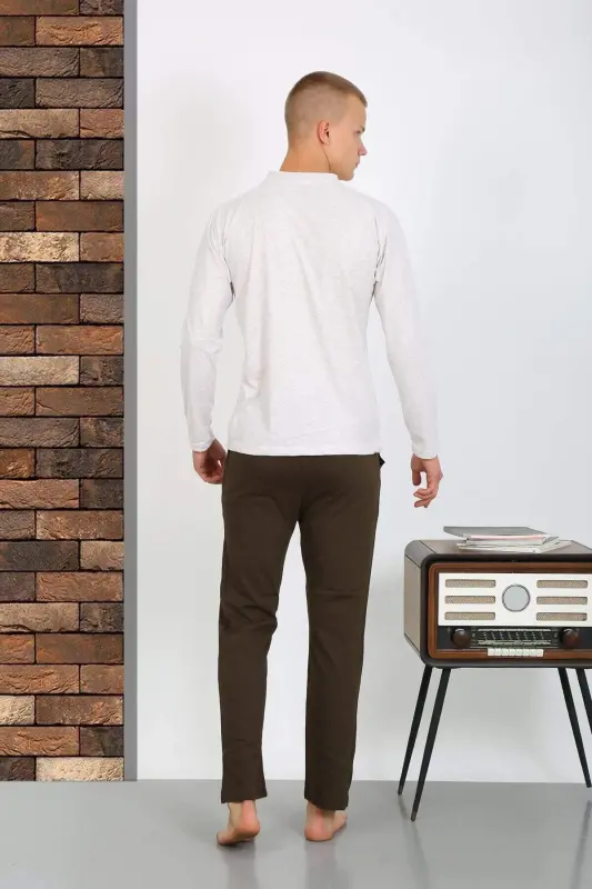 Men's Cotton Long Sleeve Pajama Set 6860 Ecru - 8