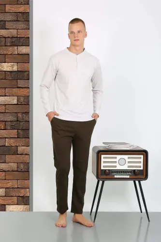 Men's Cotton Long Sleeve Pajama Set 6860 Ecru - 9