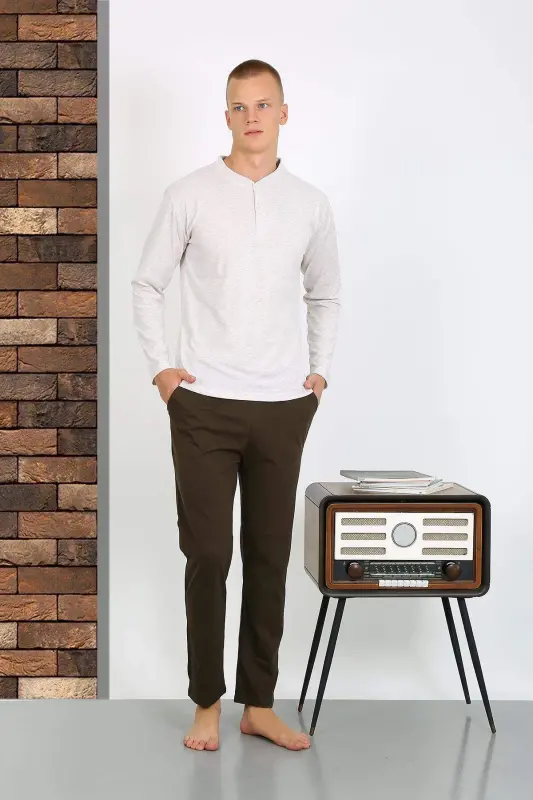Men's Cotton Long Sleeve Pajama Set 6860 Ecru - 9