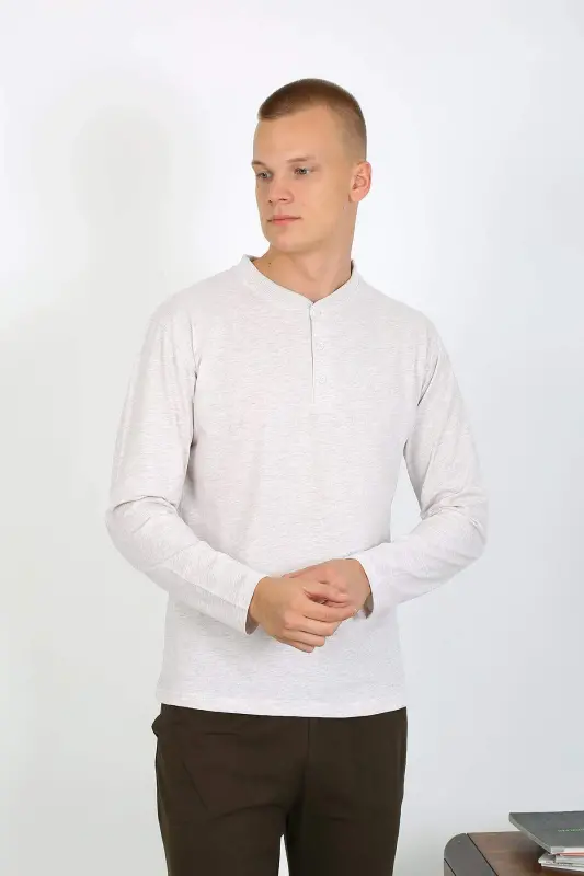 Men's Cotton Long Sleeve Pajama Set 6860 Ecru - 10