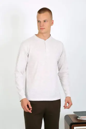 Men's Cotton Long Sleeve Pajama Set 6860 Ecru - 11