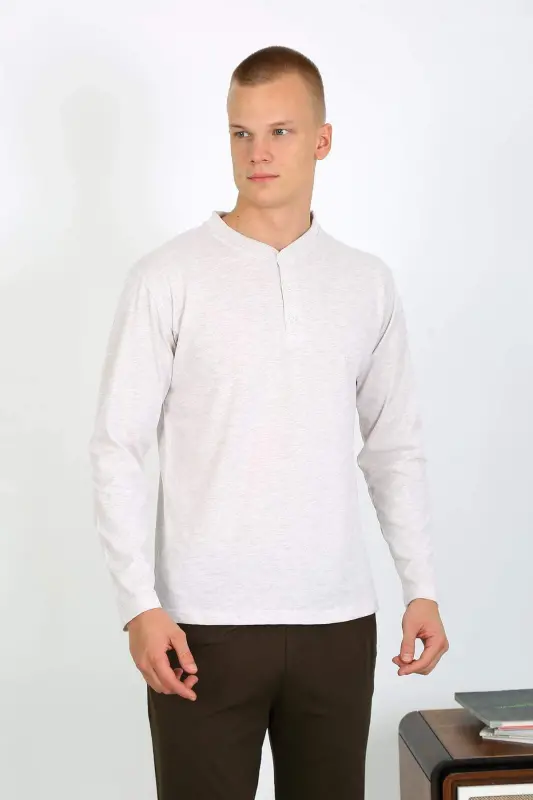 Men's Cotton Long Sleeve Pajama Set 6860 Ecru - 11