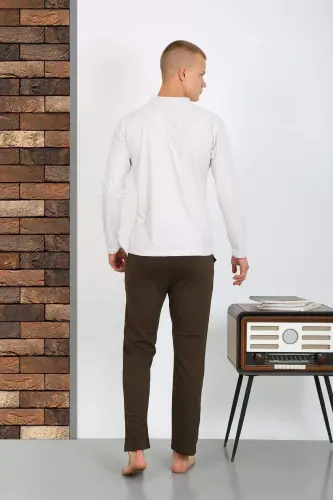 Men's Cotton Long Sleeve Pajama Set 6860 Ecru - 14