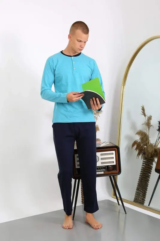 Men's Cotton Long Sleeve Pajama Set 6860 Turquoise - 6