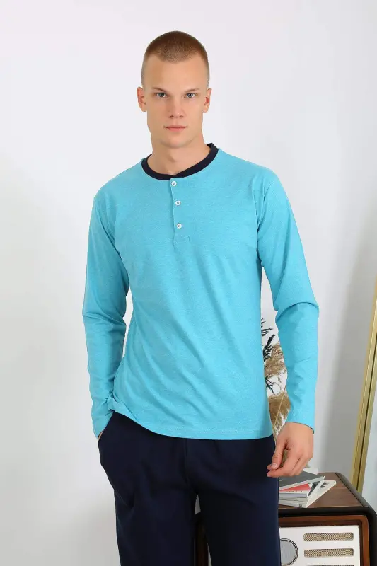 Men's Cotton Long Sleeve Pajama Set 6860 Turquoise - 9