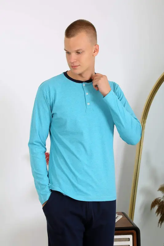 Men's Cotton Long Sleeve Pajama Set 6860 Turquoise - 10