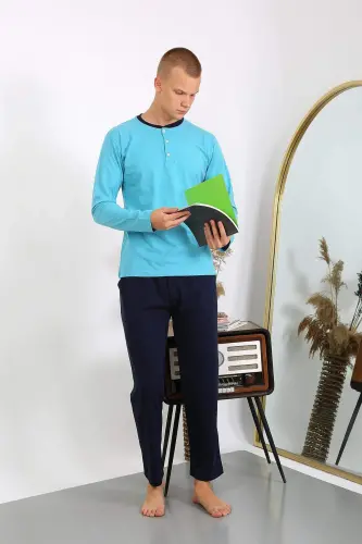 Men's Cotton Long Sleeve Pajama Set 6860 Turquoise - 11