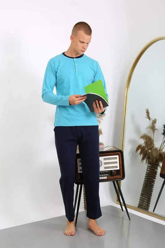 Men's Cotton Long Sleeve Pajama Set 6860 Turquoise - 11