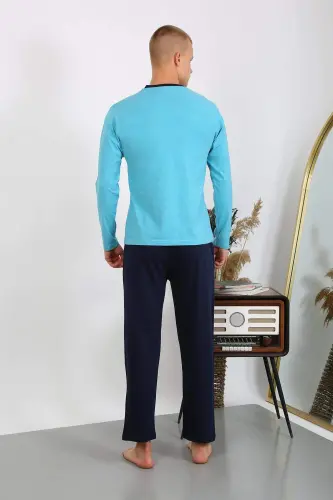 Men's Cotton Long Sleeve Pajama Set 6860 Turquoise - 12