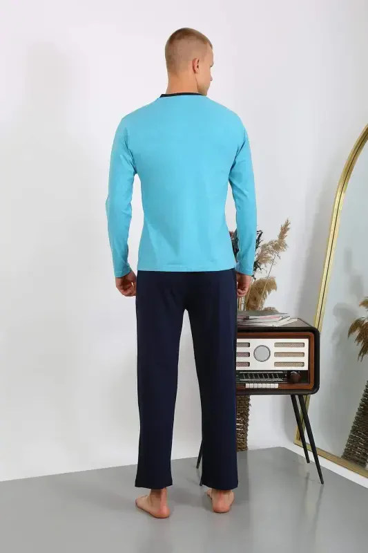 Men's Cotton Long Sleeve Pajama Set 6860 Turquoise - 7