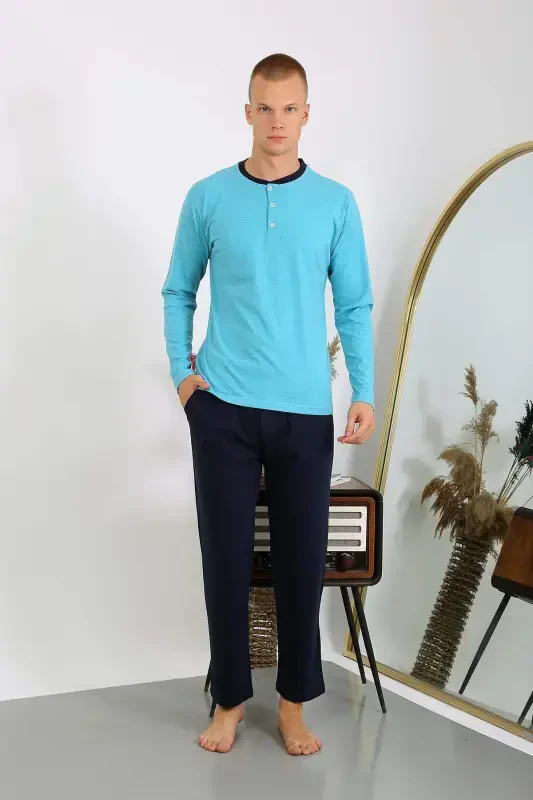 Men's Cotton Long Sleeve Pajama Set 6860 Turquoise - 8