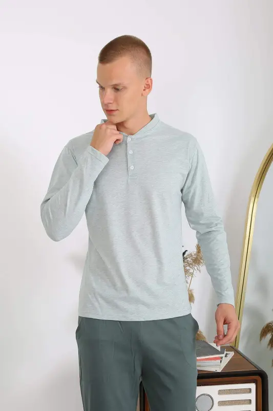 Men's Cotton Long Sleeve Pajamas Set 6860 Aqua Green - 17