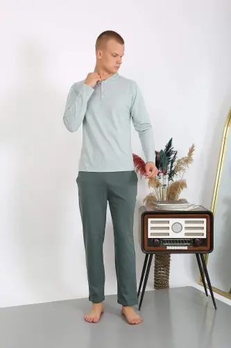 Men's Cotton Long Sleeve Pajamas Set 6860 Aqua Green - 3