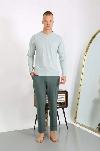 Men's Cotton Long Sleeve Pajamas Set 6860 Aqua Green - 4