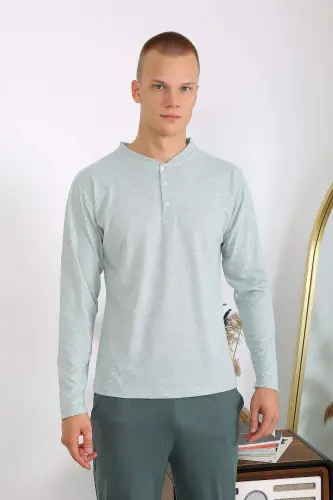 Men's Cotton Long Sleeve Pajamas Set 6860 Aqua Green - 6