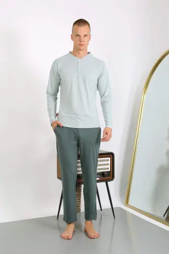 Men's Cotton Long Sleeve Pajamas Set 6860 Aqua Green - 10