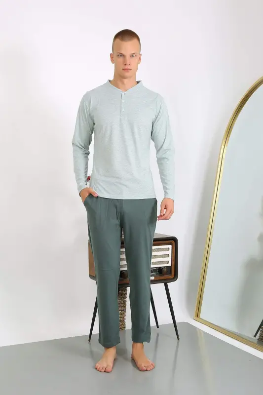 Men's Cotton Long Sleeve Pajamas Set 6860 Aqua Green - 10