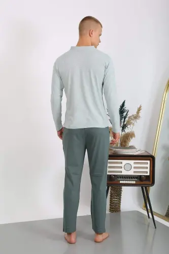 Men's Cotton Long Sleeve Pajamas Set 6860 Aqua Green - 11