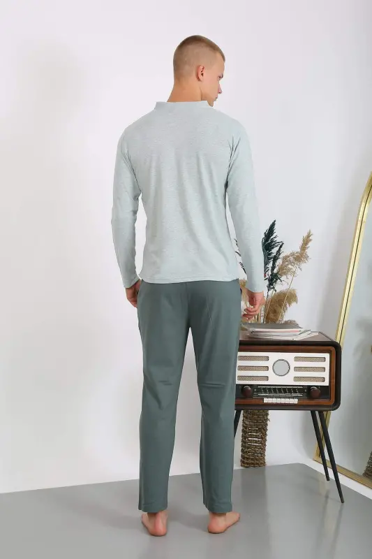 Men's Cotton Long Sleeve Pajamas Set 6860 Aqua Green - 11