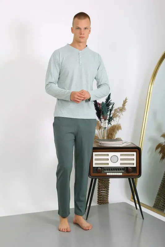 Men's Cotton Long Sleeve Pajamas Set 6860 Aqua Green - 14