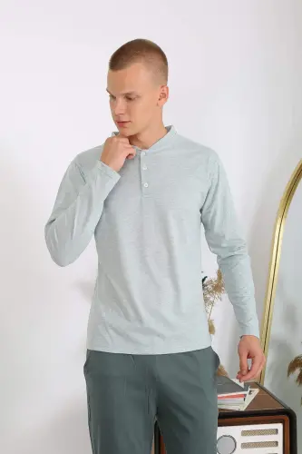 Men's Cotton Long Sleeve Pajamas Set 6860 Aqua Green - 13