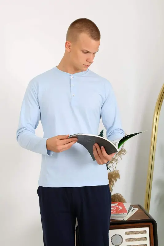Men's Cotton Long Sleeve Pajamas Set 6860 Ice Blue - 4