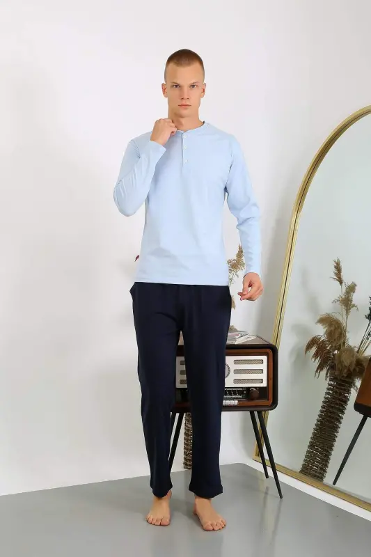 Men's Cotton Long Sleeve Pajamas Set 6860 Ice Blue - 6