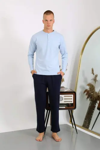 Men's Cotton Long Sleeve Pajamas Set 6860 Ice Blue - 9