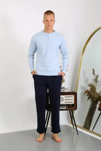 Men's Cotton Long Sleeve Pajamas Set 6860 Ice Blue - 5