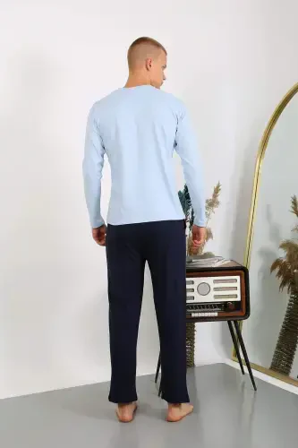 Men's Cotton Long Sleeve Pajamas Set 6860 Ice Blue - 7