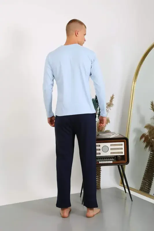 Men's Cotton Long Sleeve Pajamas Set 6860 Ice Blue - 7