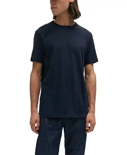 Men's Cotton Slub Logo Detail T-Shirt - Dark Blue 