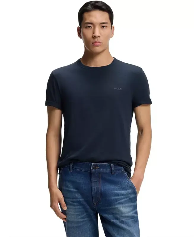 Men's Cotton Slub Logo Detail T-Shirt - Open Blue - HUGO BOSS