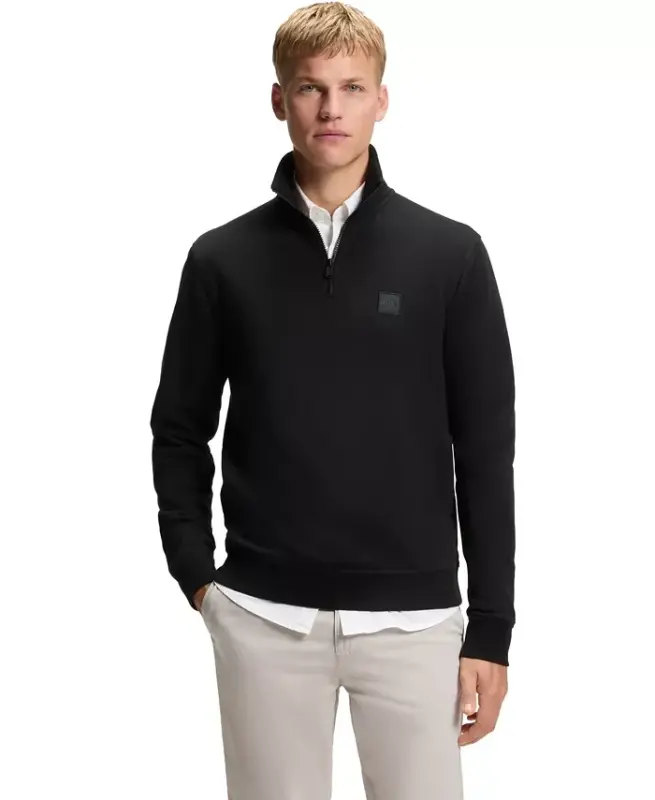 Men's Cotton Terry Logo Patch Zip-Neck Sweatshirt - Black - 1