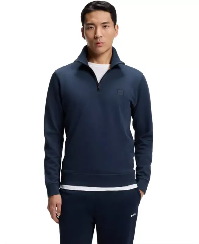 Men's Cotton Terry Logo Patch Zip-Neck Sweatshirt - Open Blue - HUGO BOSS