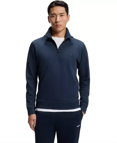 Men's Cotton Terry Logo Patch Zip-Neck Sweatshirt - Open Blue - 1