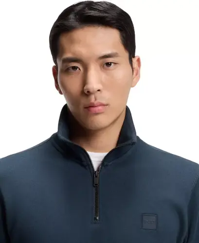 Men's Cotton Terry Logo Patch Zip-Neck Sweatshirt - Open Blue - HUGO BOSS (1)