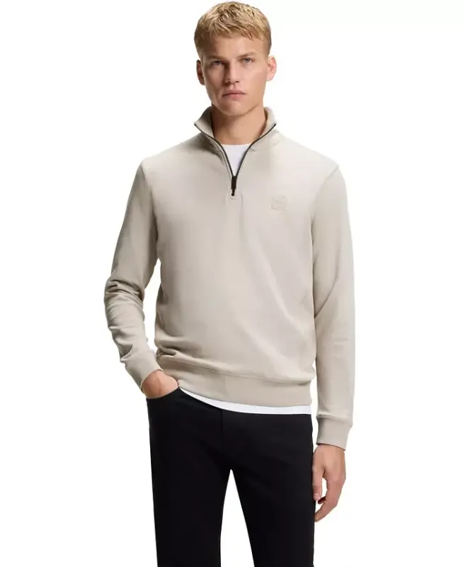 Men's Cotton Terry Logo Patch Zip-Neck Sweatshirt - Open Gray - HUGO BOSS
