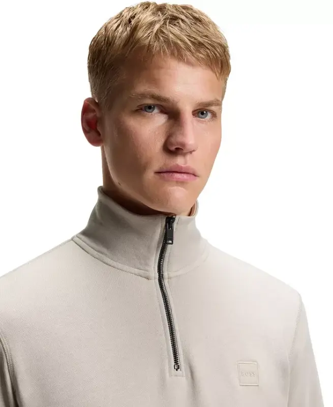 Men's Cotton Terry Logo Patch Zip-Neck Sweatshirt - Open Gray - 5