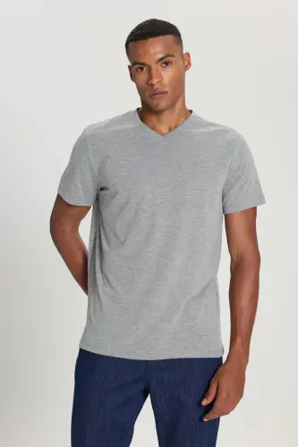Men's Cotton V-Neck Dark Gray Melange Slim Fit T-Shirt-DARK GRAY MELANGE - 1