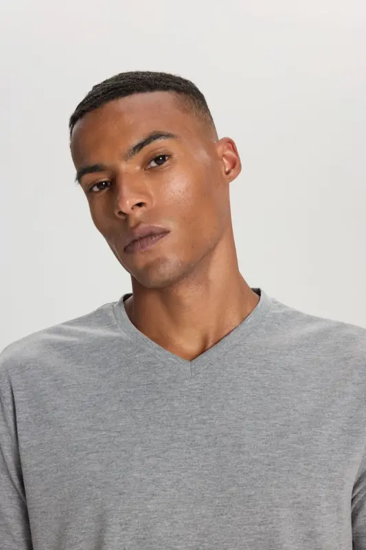 Men's Cotton V-Neck Dark Gray Melange Slim Fit T-Shirt-DARK GRAY MELANGE - 4