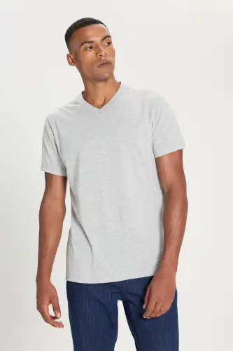 Men's Cotton V-Neck Gray Melange Slim Fit T-Shirt - Gray Melange - 3