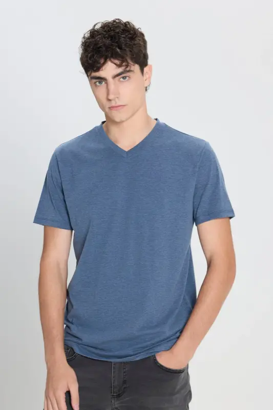 Men's Cotton V-Neck Indigo Melange Slim Fit Narrow Cut T-Shirt-INDIGO MELANGE - AC&CO / ALTINYILDIZ CLASSICS