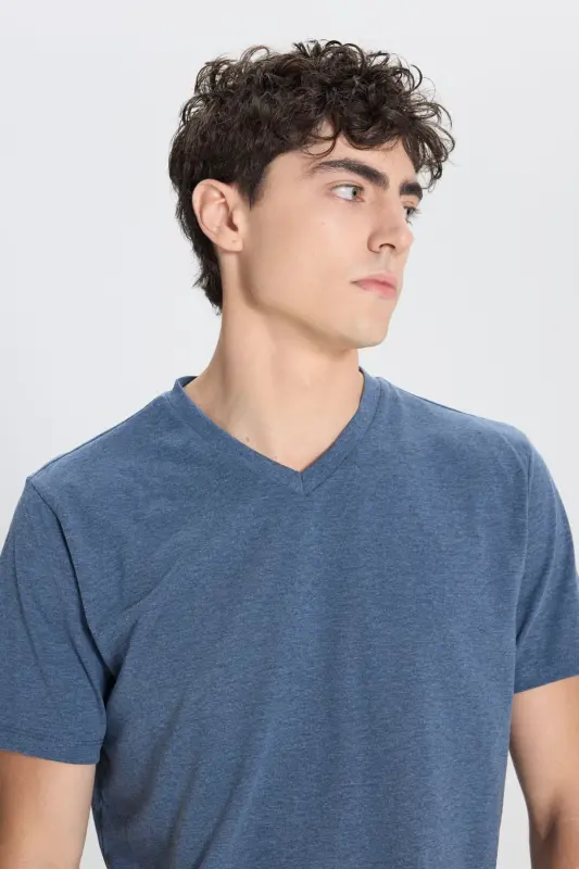 Men's Cotton V-Neck Indigo Melange Slim Fit Narrow Cut T-Shirt-INDIGO MELANGE - 4