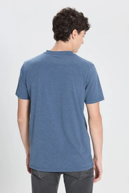 Men's Cotton V-Neck Indigo Melange Slim Fit Narrow Cut T-Shirt-INDIGO MELANGE - 5