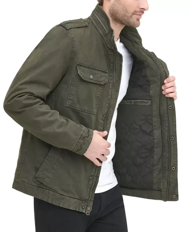 Men's Cotton Zip-Front Jacket-Olive - 3