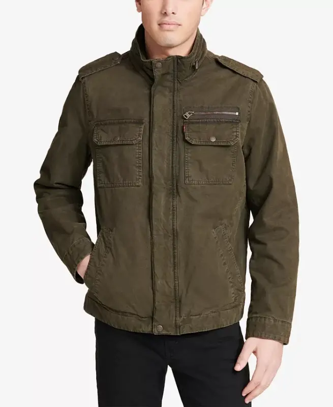 Men's Cotton Zip-Front Jacket-Olive - 8
