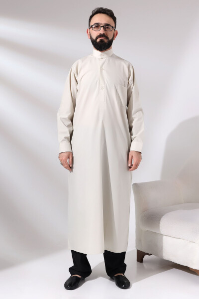 Men's Cream Çınar Hajj and Umrah Clothing Long Dagron Fabric Dress - 1