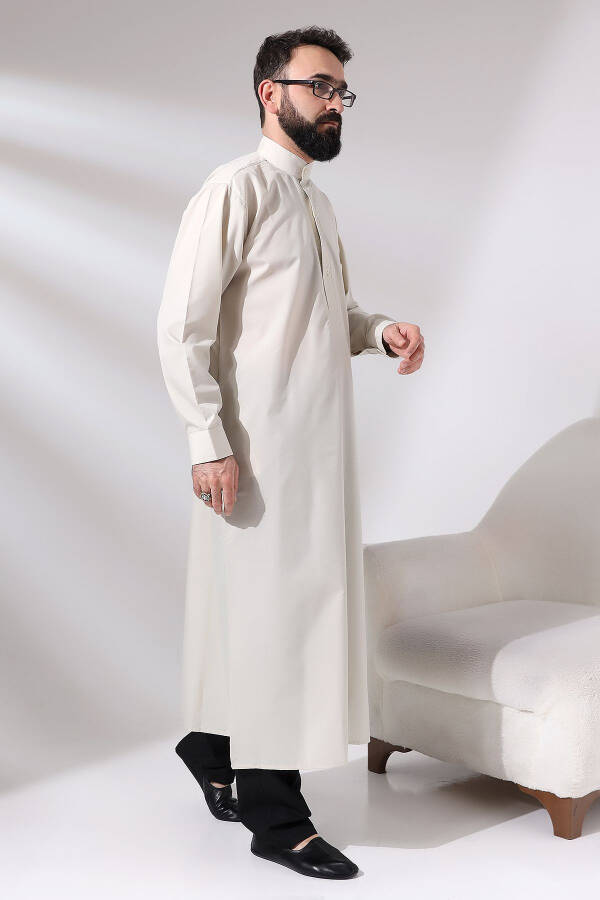 Men's Cream Çınar Hajj and Umrah Clothing Long Dagron Fabric Dress - 2